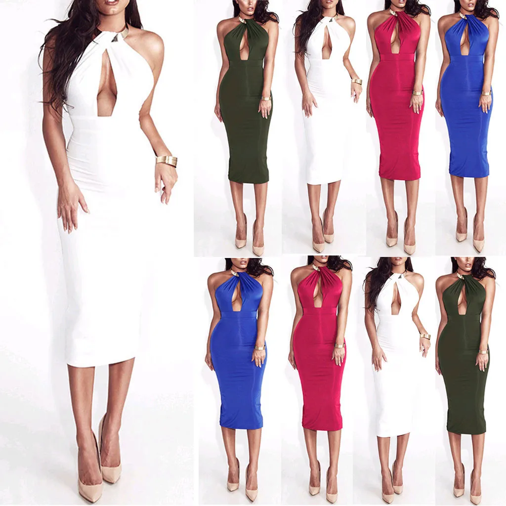 Модное женское однотонное платье без рукавов с бретелькой через шею длинное