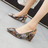 lsewilly high heels women pumps snake print square high heels slingbacks shoes buckle pointed toe shoes lady red plus size 48