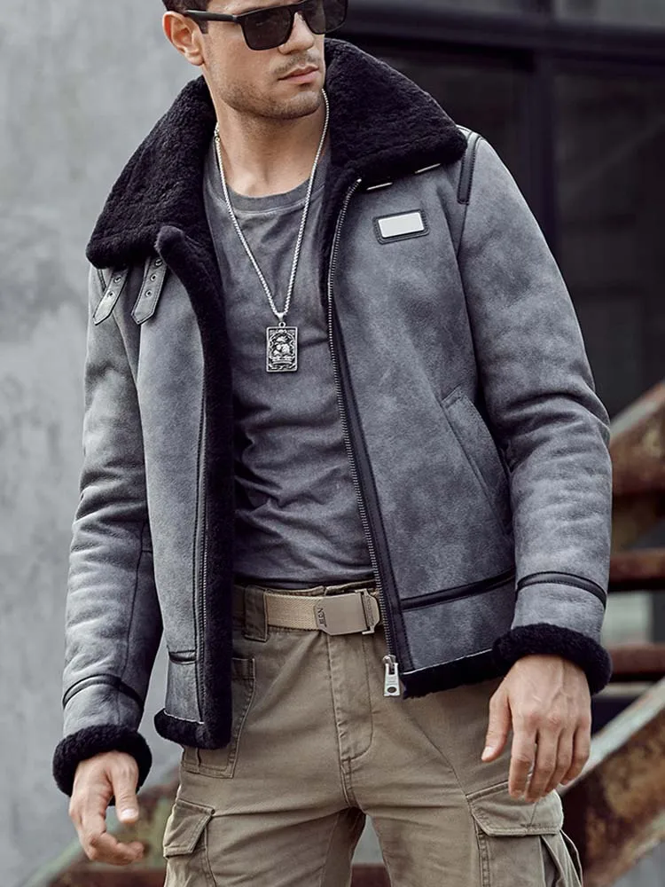 Denny&ampDora New Mens Shearling Coat B3 Bomber Jacket Grey Leather Overcoat Natural Sheepskin Parkas Short Winter Fur Outwear