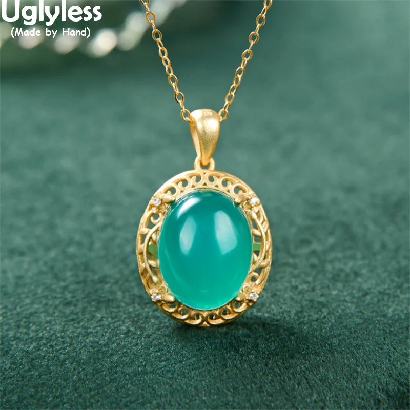 

Uglyless Pretty Amazonite Blue Gemstones Necklaces for Women Hollow Palace Frame Pendants No Chain Real 925 Silver Fashion Jewel
