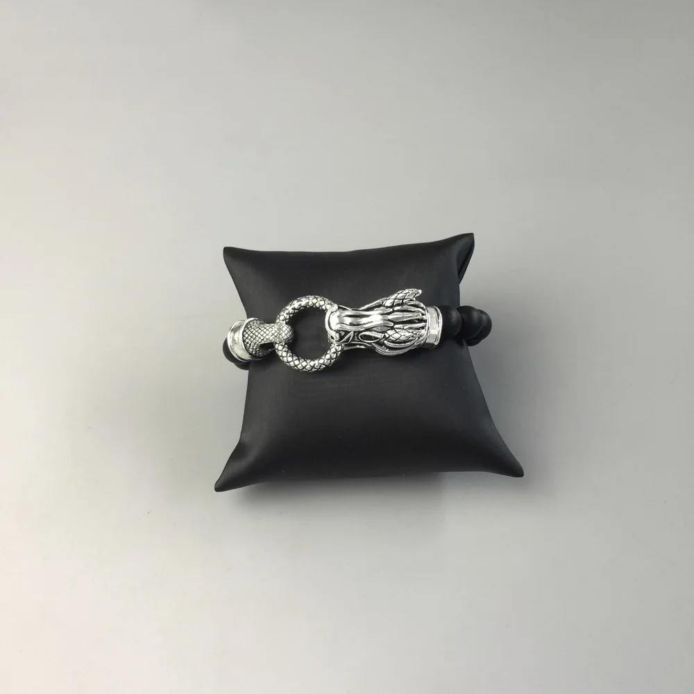 Бусины в виде головы дракона браслеты из черного натурального обсидиана 925 пробы