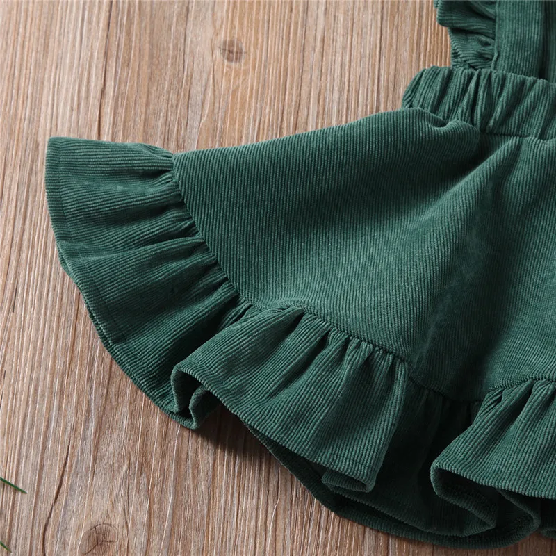 New Kid Girl Corduroy Green Strap Skirts Ruffles Suspender Sleeveless Solid Skirt Sundress Summer Fall Clothes | Мать и ребенок