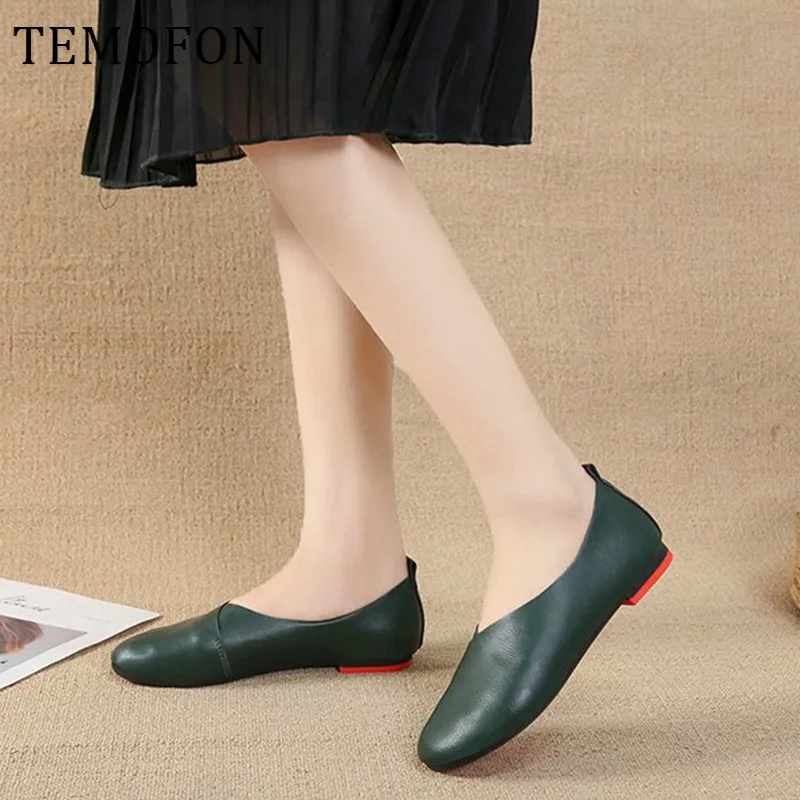 Балетки больших размеров кожаные туфли на плоской подошве женские весенние