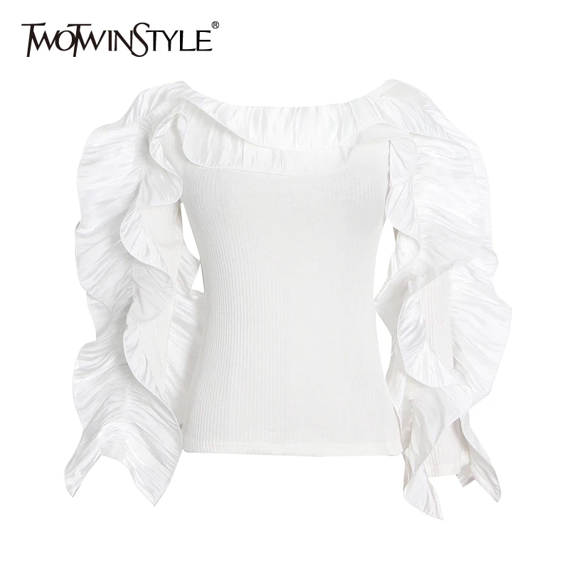 

Женская плиссированная рубашка TWOTWINSTYLE, белая Повседневная рубашка в стиле пэчворк с длинными рукавами и оборками, осенняя одежда 2021