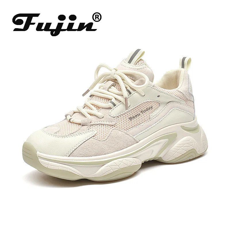 Женские кроссовки на толстой подошве Fujin модные из натуральной кожи платформе