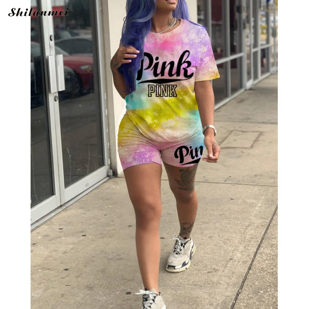 

Tie Dye 2 Piece Set Women Two Piece Outfits For Women Cute Pink Clothing T Shirt Shorts Sweat Suit Lounge Wear Matching Sets