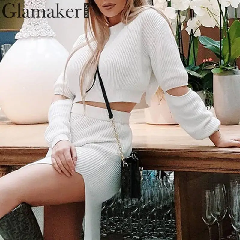 Женское вязаное платье свитер Glamaker белое ажурное миди с длинным рукавом и