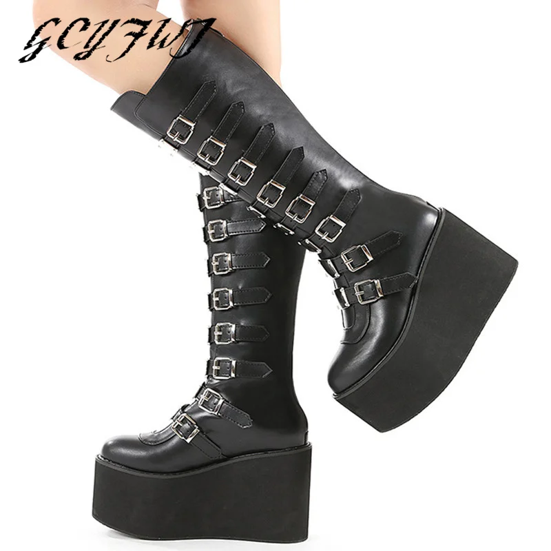 

Женские сапоги до колена, высокие сапоги на платформе, на молнии, с металлической декоративной пряжкой, пикантная обувь на толстой подошве