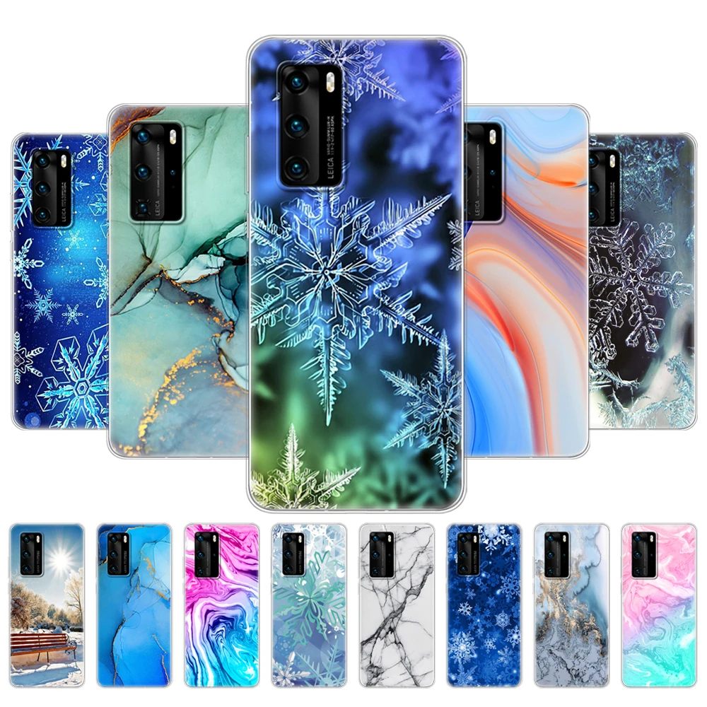 

Чехол для Huawei P40, Мягкая силиконовая задняя крышка из ТПУ для телефона Huawei P40 Pro, оболочка, бампер, чехлы, мраморные снежинки, зима, Рождество