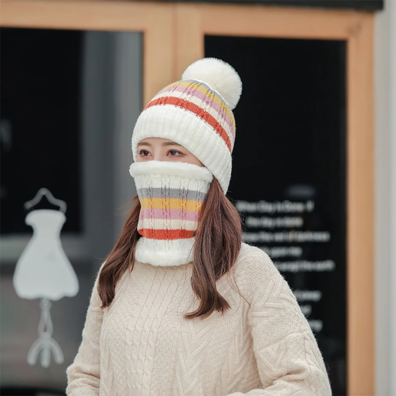 

Womens Winter Knit Beanie Hat Scarf Set Slouchy Thick Faux Fleece Lined Pompom Ski Skull Cap Contrast Color Striped Neck M6CD