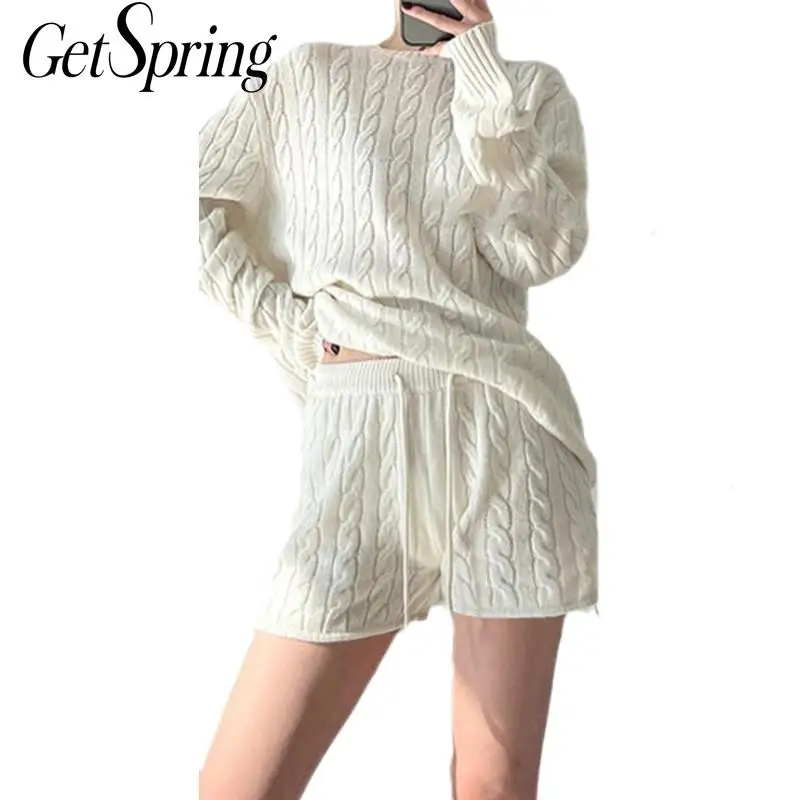 

GetSpring женские вязаные комплекты ретро с длинным рукавом свободный женский свитер вязаные шорты на шнурке комплекты из двух предметов весна-...