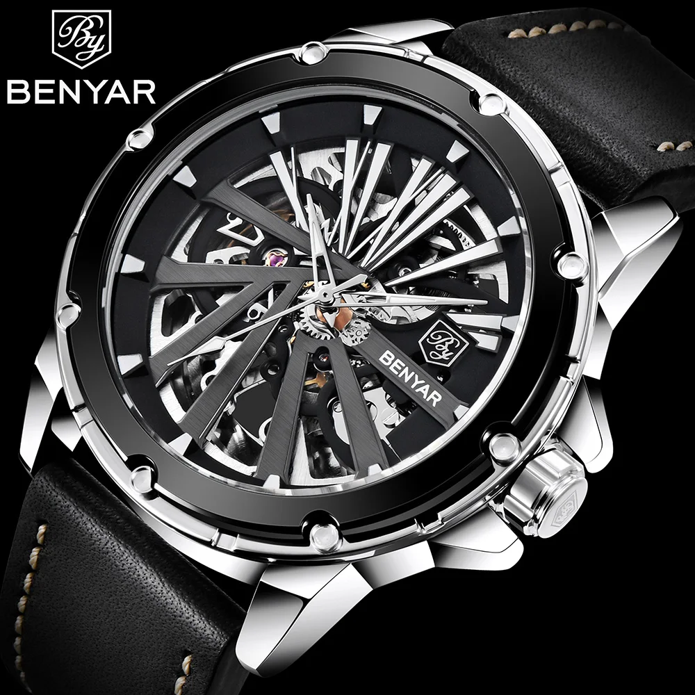 BENYAR Tourbillon Men Watch Waterproof Stainless Steel Men Mechanical Wristwatches Skeleton Fashion Leather Watches reloj hombre