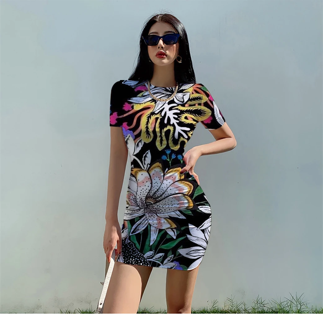 

Летнее женское платье большого размера из полиэстера с 3D принтом и короткими рукавами