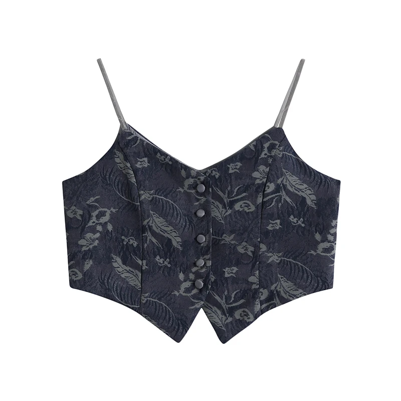 

CHEERART Floral Crop Top Spaghetti Strap Cami Top Women Vintage V Neck Button Up Tunic Croptop Summer Top Femme