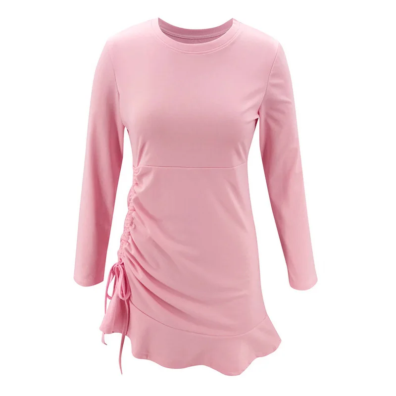 

Ruffled Shrinkage Drawstring Lace Up mini Dress Women Autumn Casual O Neck Long Sleeve Pencil Dress Sexy Slim Hips pink Dresses