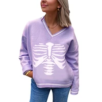 womens v neck sweaters classic long sleeve skeleton print loose fit knitted tops