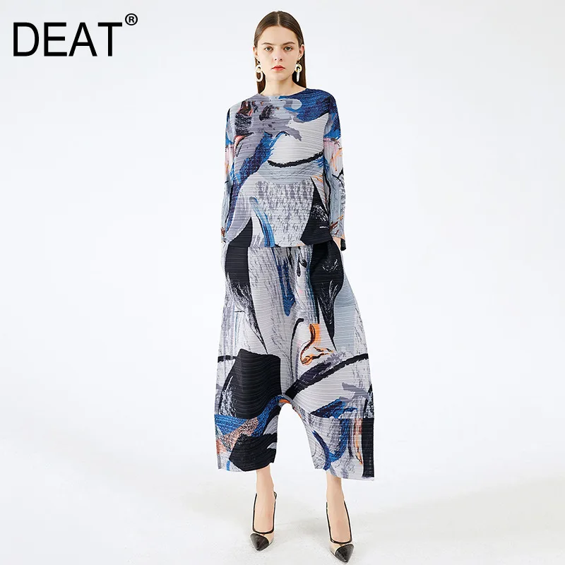 DEAT Pleated Suit Woman Graffiti Ink Print Full Sleeve Over Size Top + Wide Leg Drop Pants Casual Style 2022 New Spring TX697 |