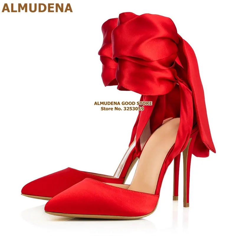 ALMUDENA/красные атласные босоножки с большим бантом; свадебные туфли на шпильке из шелковой ткани со шнуровкой и бантом; туфли-лодочки для сцены в стиле знаменитостей