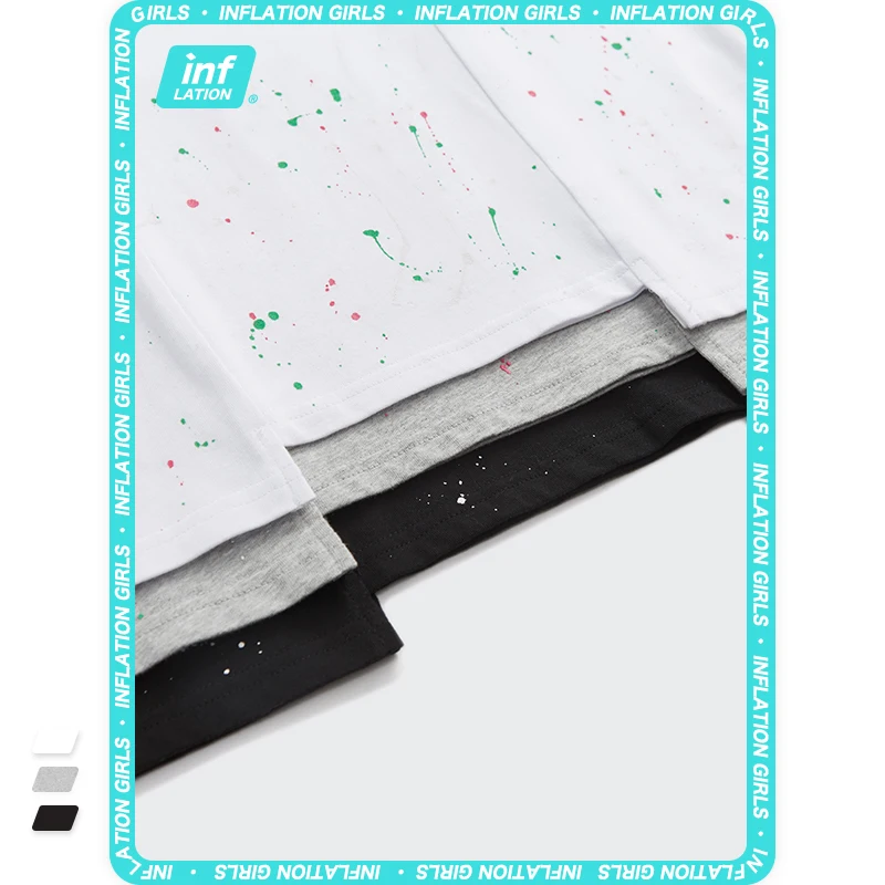 

INFLATION Women Casual T-shirts With Short Sleeve Summer Splash ink Irregular Hem T-shirts Men Loose Cotton Tops 6329GS21