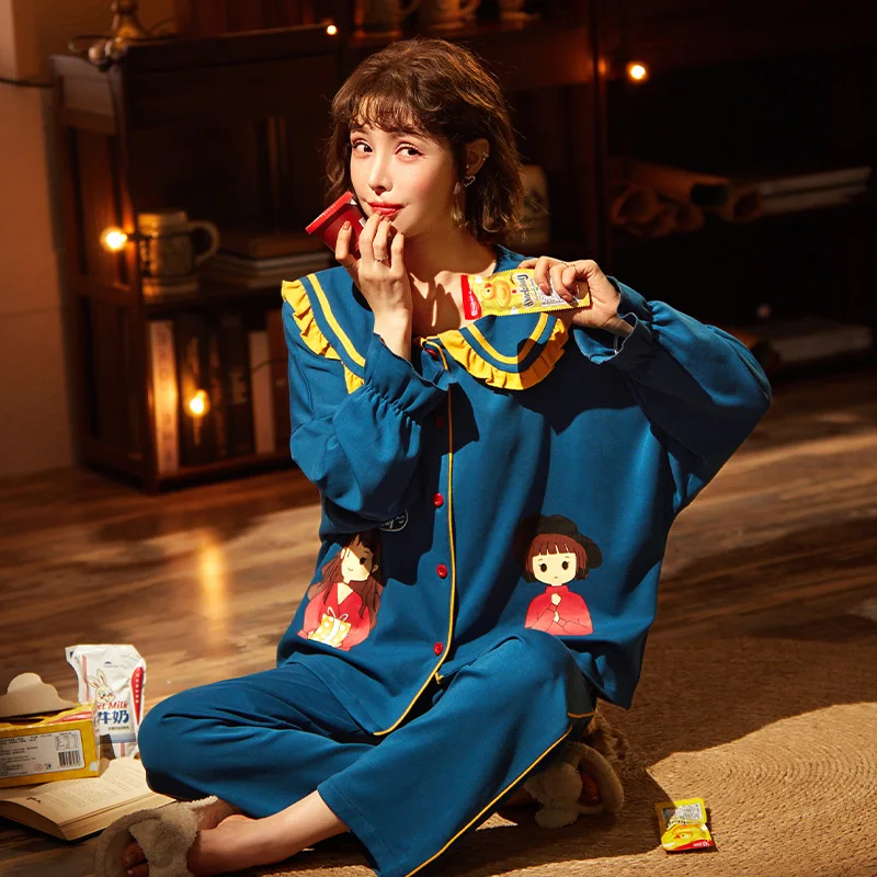 Pure Cotton New Autumn Winter Couple Pajamas Sets Cardigan Korean Style Sweet Cartoon Home Sleep Lover Pyjamas For Women Or Men | Мужская