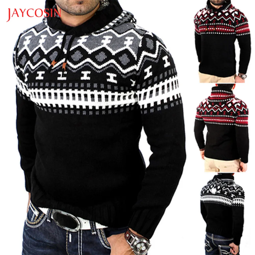 Joycosin 2019 New Autumn Winter Men Printed Pullover Hooded top Patchwork Diamond Knitted Warm Hoodies Sweatshirt Drawstring | Мужская
