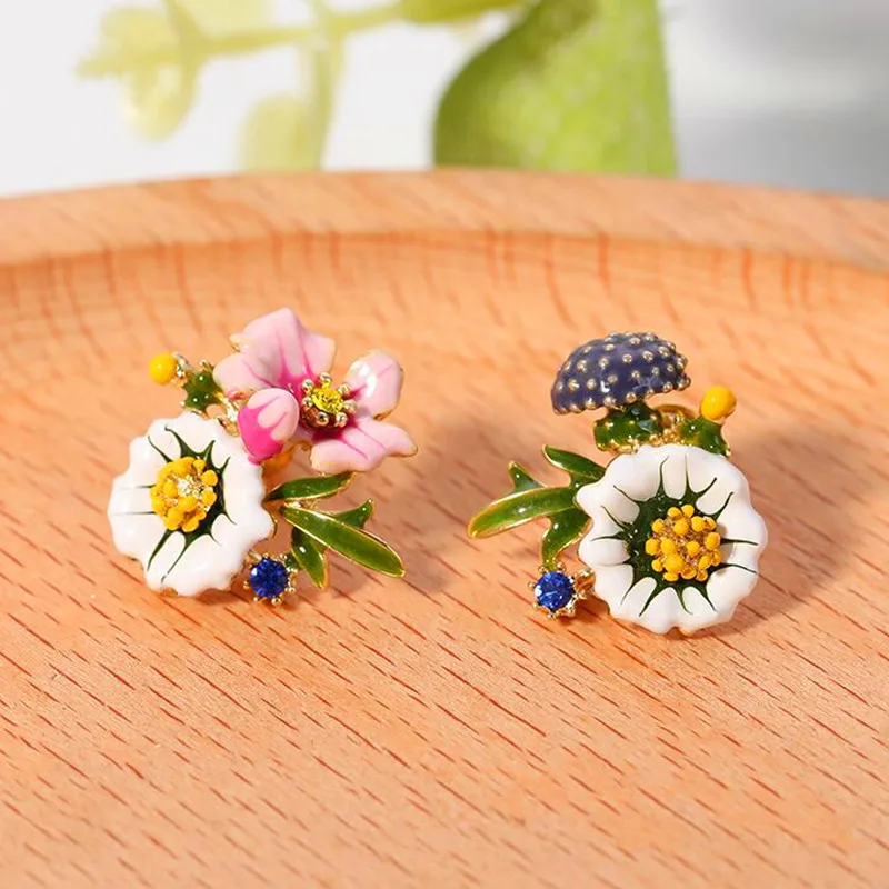 Французские серьги с эмалью и глазурью модные женские цветами ассиметричные
