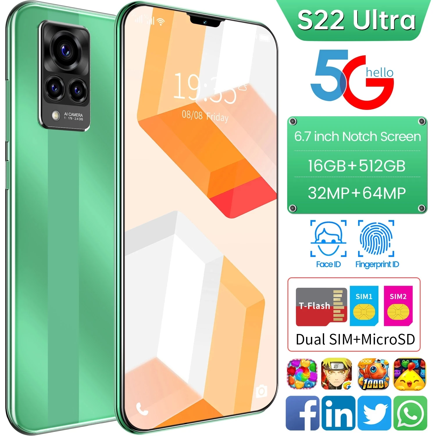 

Teléfono Móvil S22 Ultra smartphone con Android 11, 5G, 6,7 pulgadas, 16GB + 512GB, identificación facial, batería de 6000mAh