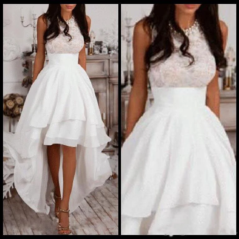 Ivory Halter A-Line High Low Sleeveless Prom Dresses 2020 Jewel Neck Evening Dress Chiffon A Line Lace Formal Wedding Guest Gown | Свадьбы и