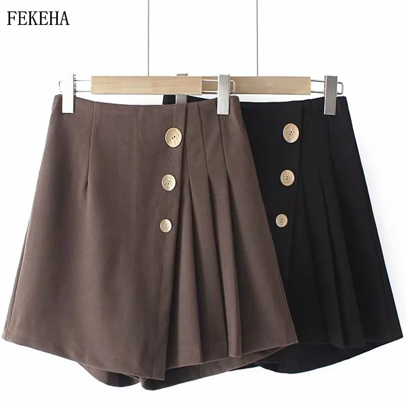 Autumn News Pleated Skirts Shorts Women Loose Woolen Irregular Elastic Waist Shorts Black Coffee Color Plus Size