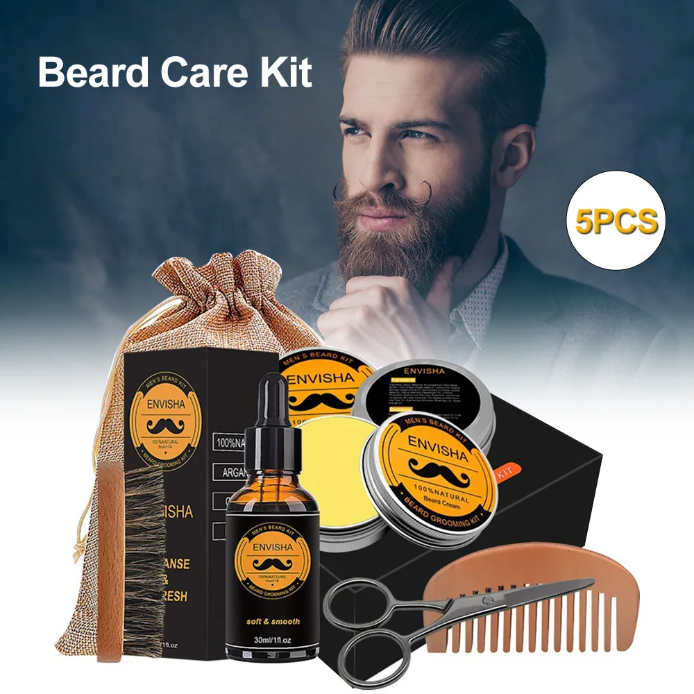 

5in1 Men Beard Grooming Kit Mustache Beard Styling Tools Beard Oil Beard Balm Beard Brush Bead Comb Beard Scissors Men Gift