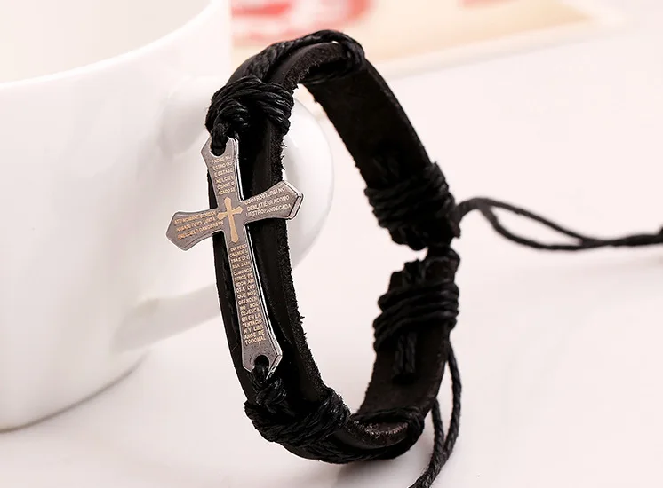 

New Bohemian Cross Leather Bracelet Faith Men's Retro Punk Wrap Band Bracelet Neutral Jewelry Gift