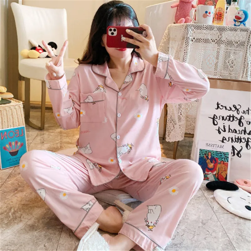 

Fashion Casual Women Printed Lapel Long-Sleeved Trousers 2 Pce Set/pajamas