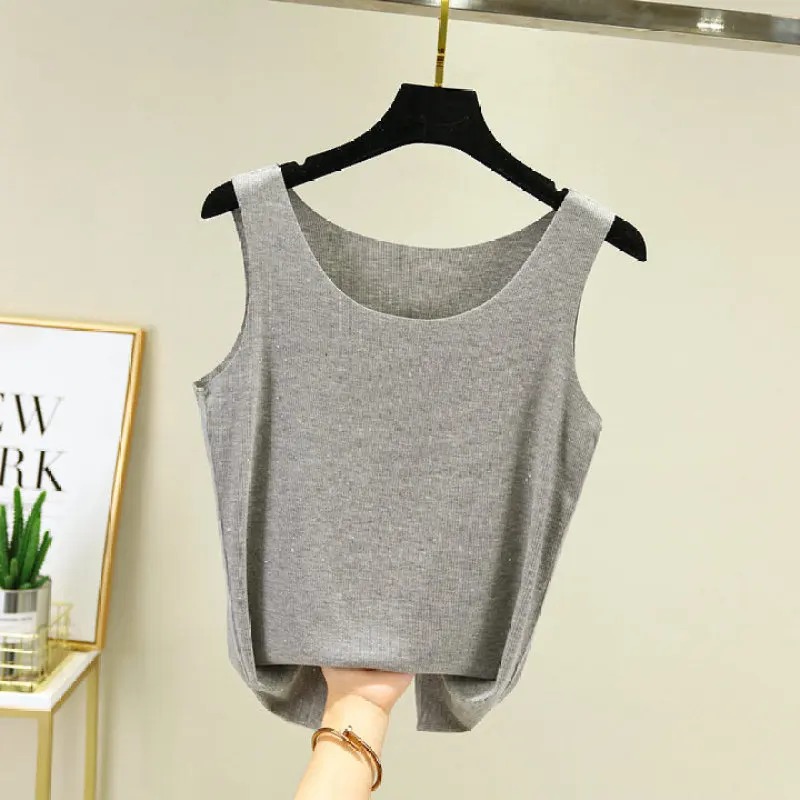 Женский Тонкий Свободный жилет блестящий однотонный топ без рукавов со стразами