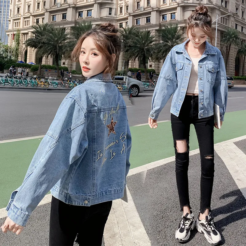 

Coat Women Denim jacket Bf Sequin Letter Embroidered star Loose Harajuku Chaqueta Mujer Veste Femme Streetwear Femme Jacket