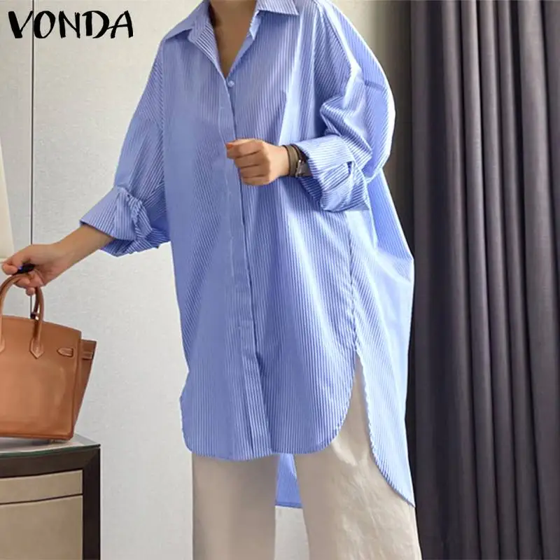 

Женские Элегантные рубашки 2022 VONDA, сексуальные полосатые рубашки с длинным рукавом, Длинная блузка с лацканами и пуговицами, асимметричные ...