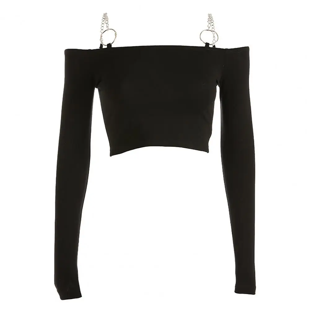

T-shirt Off Shoulder Sexy Fashion Women's T-Shirts 2021 Chain Ring Long Sleeve Crop Top Tee Autumn Slim