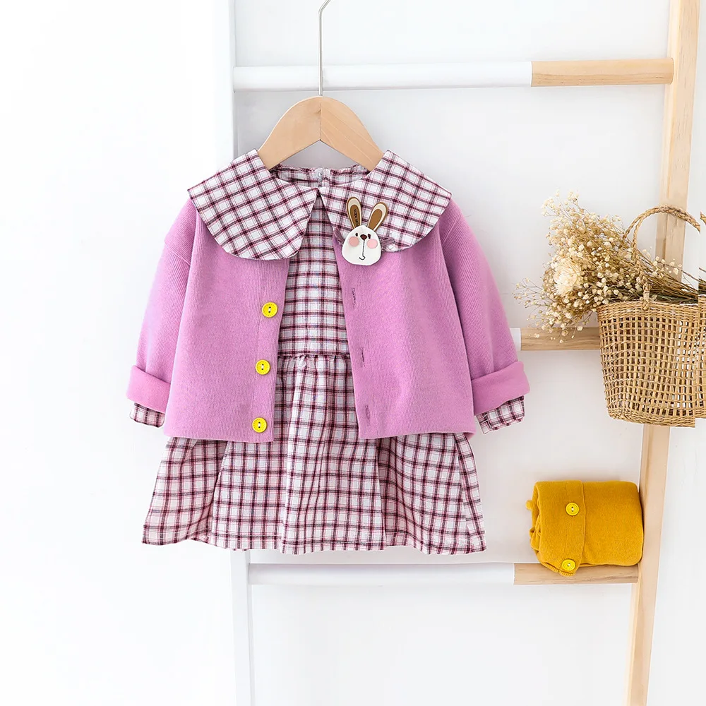 

Autumn Baby Girl Clothes Children'S Suit Cartoon Rabbit Plaid Dress Knitted Cardigan Two-Piece Girl Cute Costume 0-4 Years Old