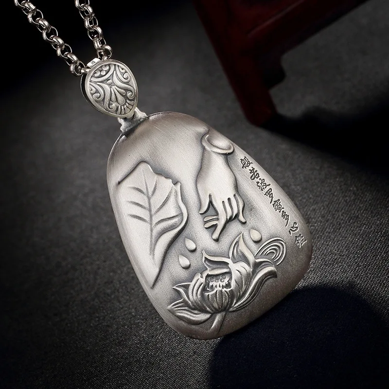 

100% 999 sterling silver retro buddha hand lotus heart sutra natural necklace men necklaces women pendants