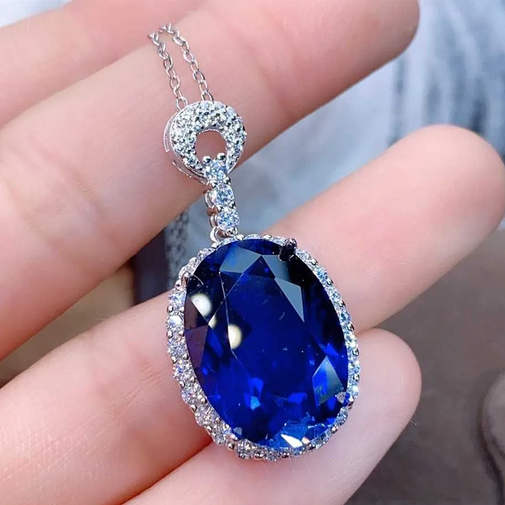 

Elegant Egg Shape Blue Crystal Sapphire Gemstones Diamonds Pendant Necklaces for Women White Gold Silver S925 Color Fine Jewelry
