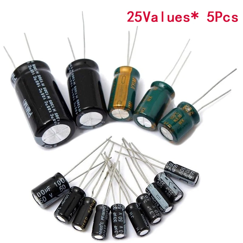 

125pcs/lot 25value 1uF-2200uF Electrolytic Capacitor Kit 16V/25V/50V Electrolytic Capacitors Assortment set 1000UF 470UF 100UF