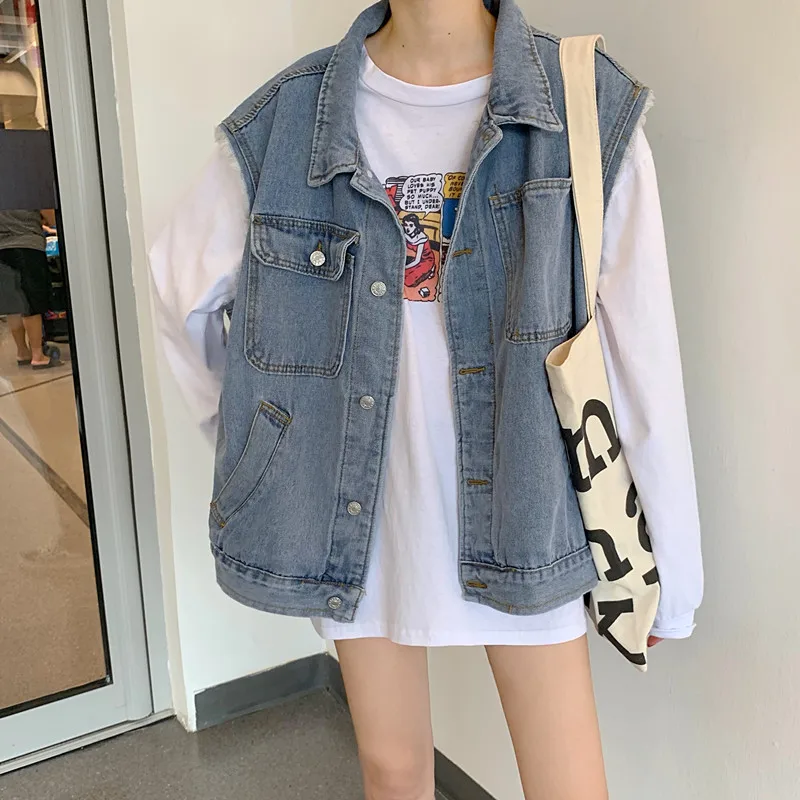 

Retro Tooling Denim Waistcoat Vest Women's Spring Korean Version of The Single-breasted Student Casual Loose Waistcoat Jacket