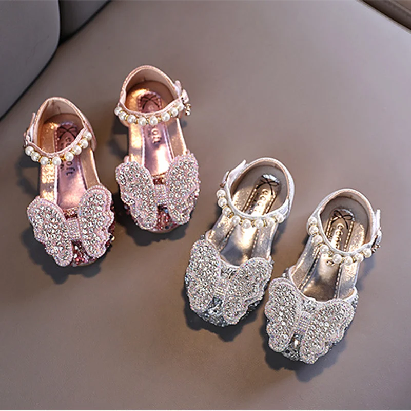 

2021 Girls Sandals Rhinestone Butterfly Pink Latin Dance Shoes 5-13y Old 6 Children 7 Summer High Heel Princess Kids Shoes GSS05