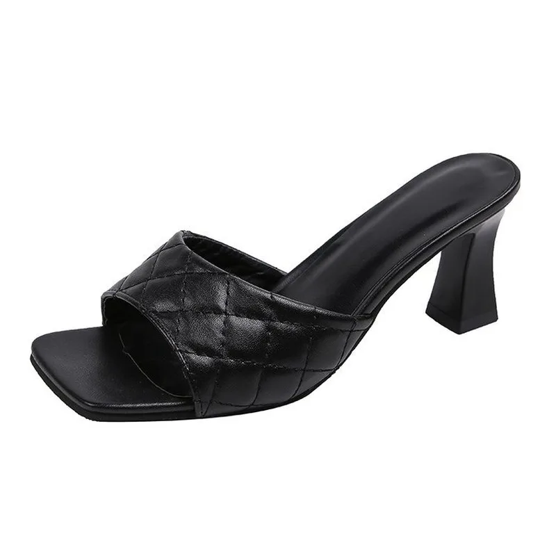 

2020 Summer Vintage Square Toe Slipper Sandals Women Solid Gingham High Heel Women's Sandals Block Heel Ladies Shoes Women m28