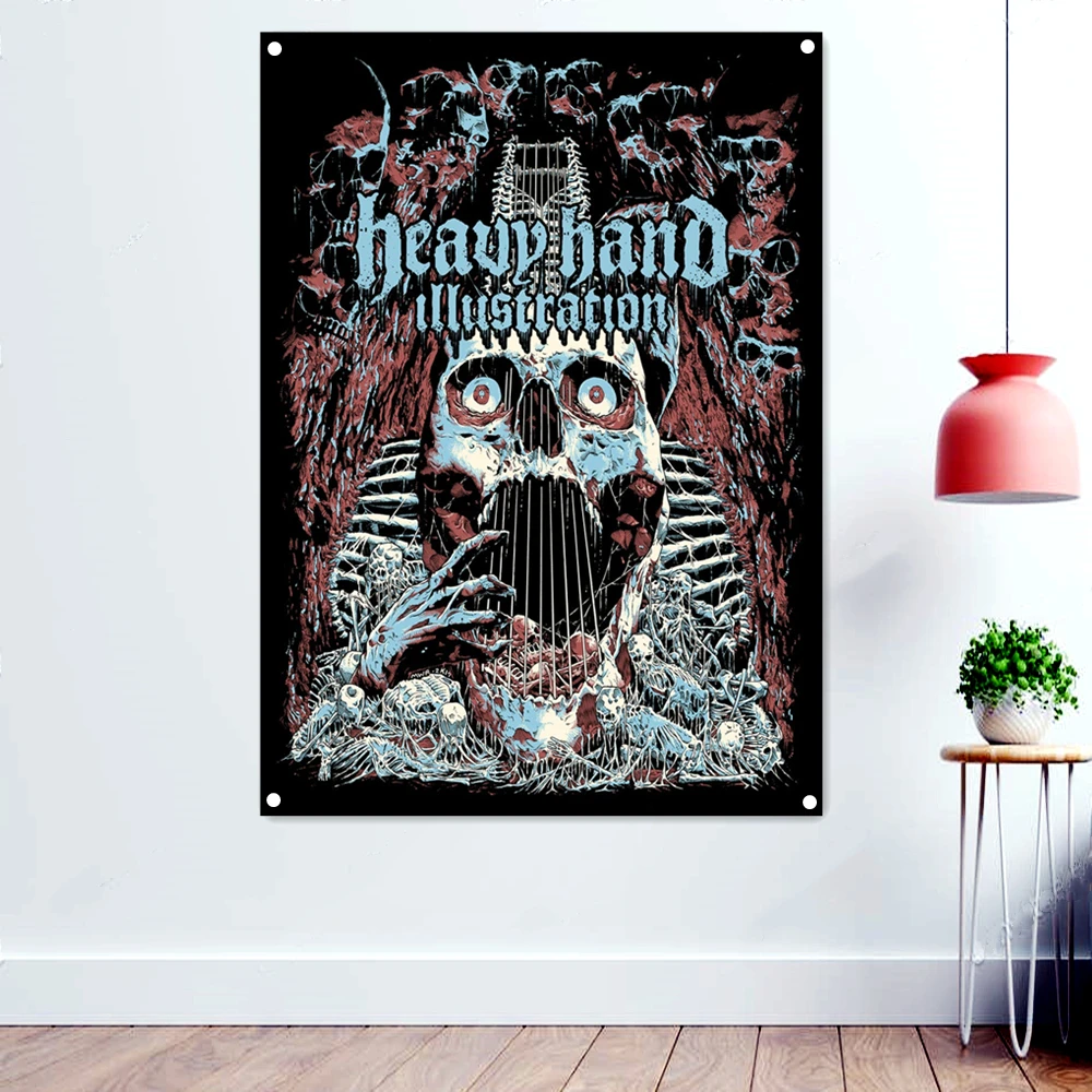 

Death Art Banner Wall Hanging Metal Albums Band Wallpapers Macabre Skull Tattoos Illustration Tapestry Flags Home Decoration C3