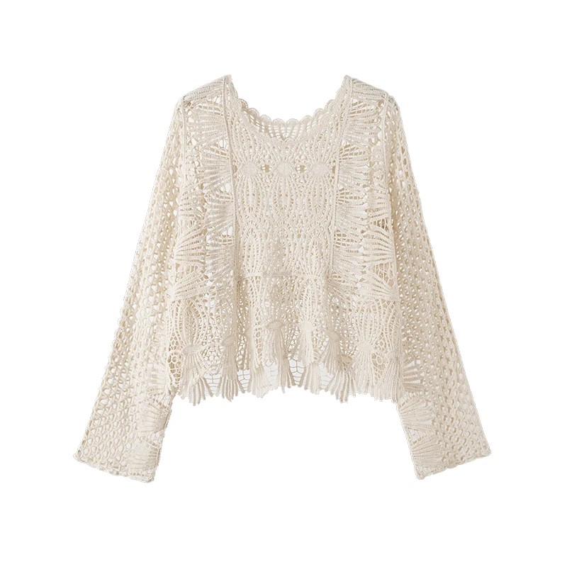 

Korean Chic Fairy Tops Women Spring Summer Cover Ups Long Sleeve Sunscreen Blouse Hallow Out Knitted Lace Blouse Blusas Mujer