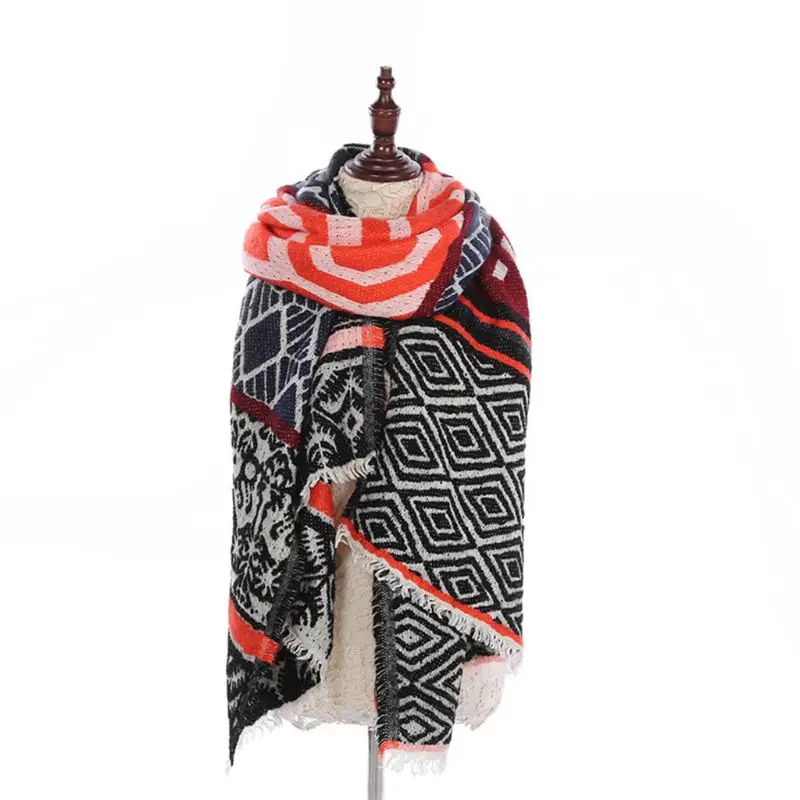 

200x70cm Womens Winter Oversized Thicken Large Scarves Ethnic Style Geometric Rhombus Printed Warm Knitted Blanket Shawl Wraps