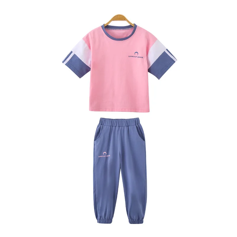 

Kids girls 2pcs summer suit spell color short-sleeved T-shirt + trousers new big virgin suit 4-12 years old