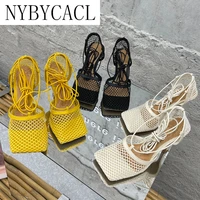 2021 women pumps thin high heels sexy sandals shoes for woman fashion square toe mesh ankle strap pumps sandals ladies shoes