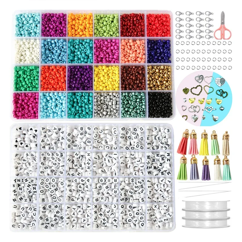 

14400Pcs 3mm Glass Seed Small Pony Beads 1200Pcs Letter Alphabet Bead Craft and Art Kit Set for DIY for Girls Kids