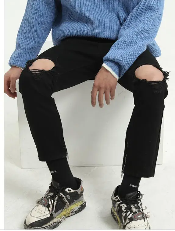 Men's Jeans Slim-Fit Feet Pants Denim Pants Black Ripped Pants Skinny Ripped Jeans Slim Trousers Black Ripped Pants